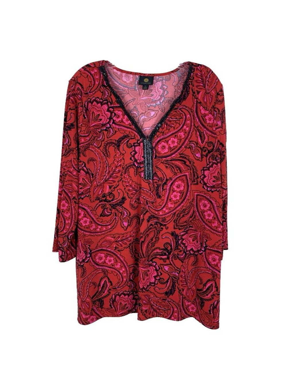 JM Collection Womens XL Tunic Top Red Paisley Stretchy Studded Easy Comfort‎